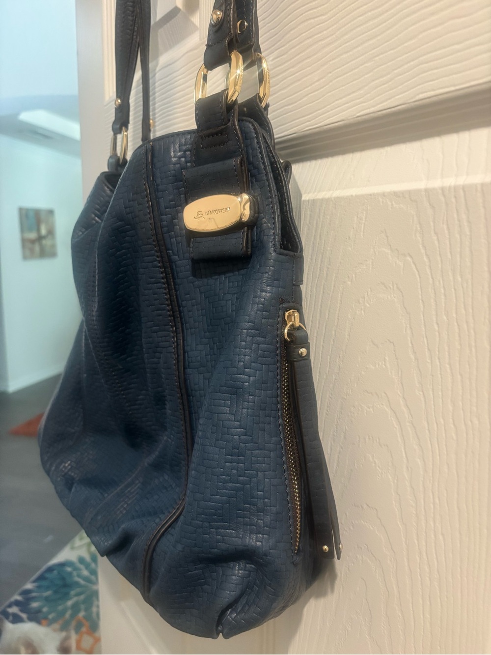 b. makowsky Navy Leather Shoulder Bag with Gold Hardware - Picture 4 of 10